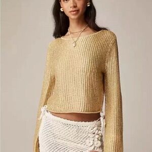 J. Crew Metallic Gold Ribbed Long-Sleeve Crop Sweater